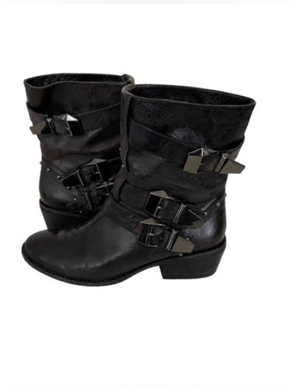 B MAKOWSKY Black Leather Triple Buckle Metal Studs Pull On Ankle Biker Boots
